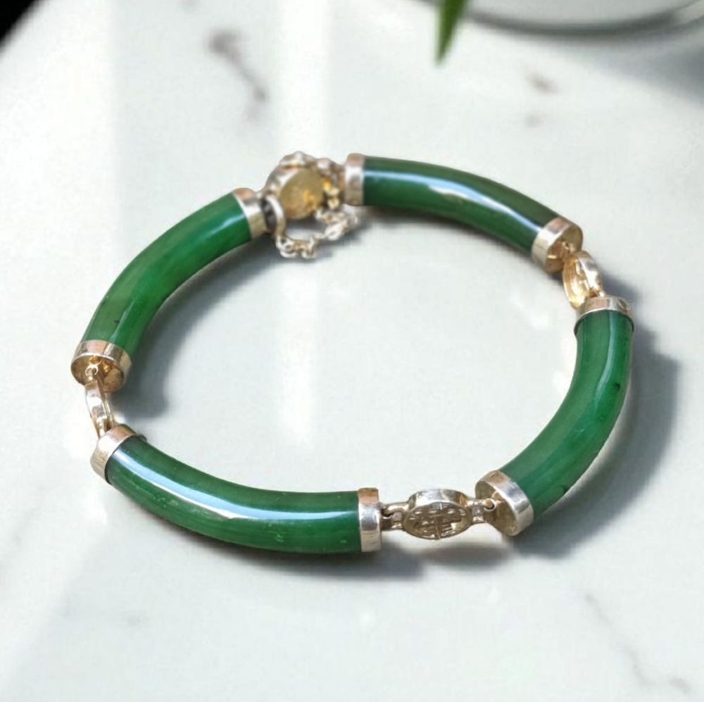 Antique Sterling Silver Rare Spinach Green Nephrite Jade Bracelet